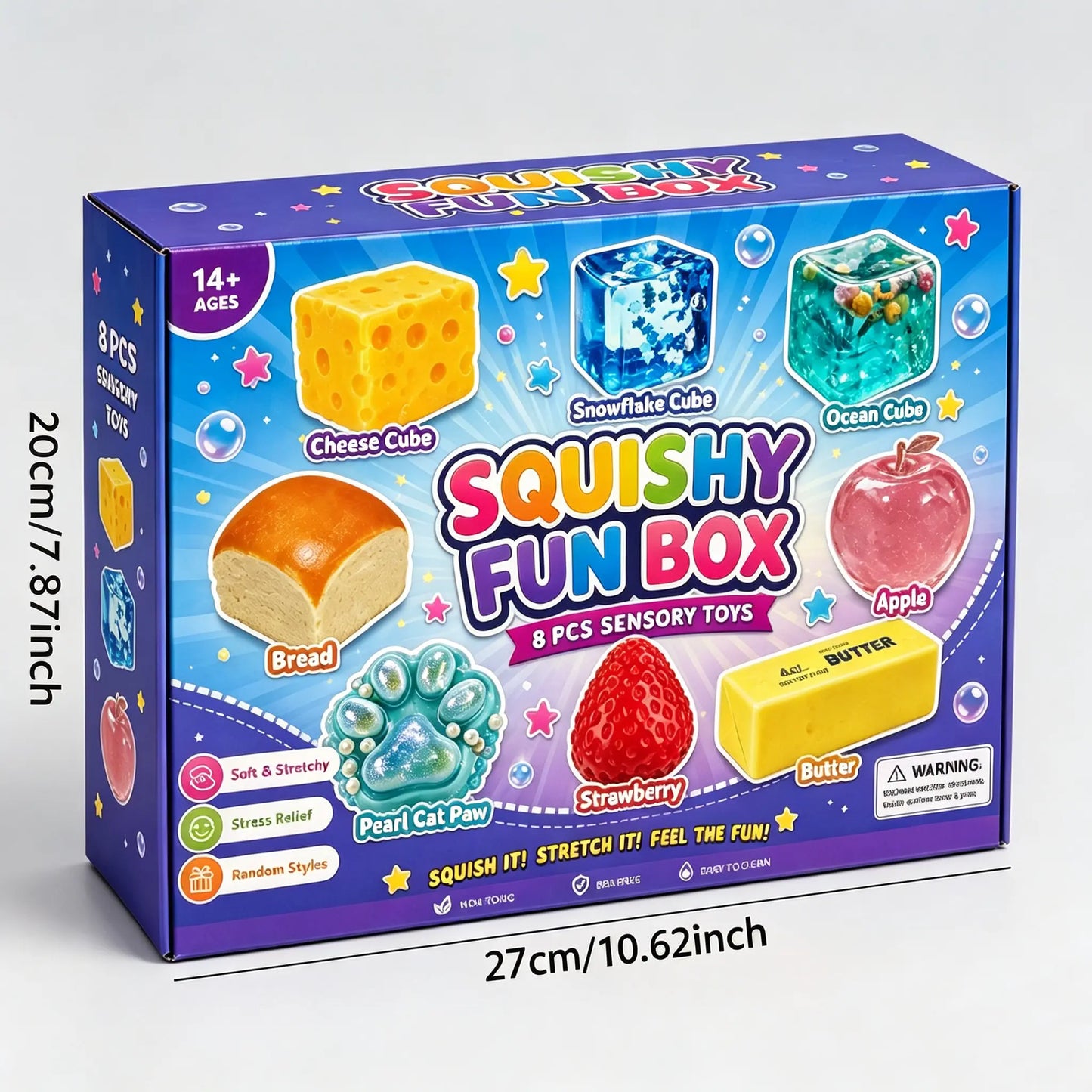 8-Piece Set Mystery Squishy Box:   Blind Box Malt Sugar Stress Relief Fidget Toys, Sensory Bundle
