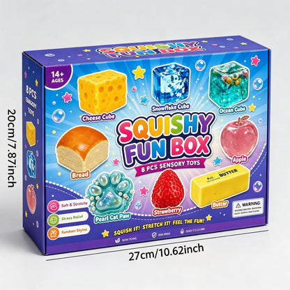 8-Piece Set Mystery Squishy Box:   Blind Box Malt Sugar Stress Relief Fidget Toys, Sensory Bundle