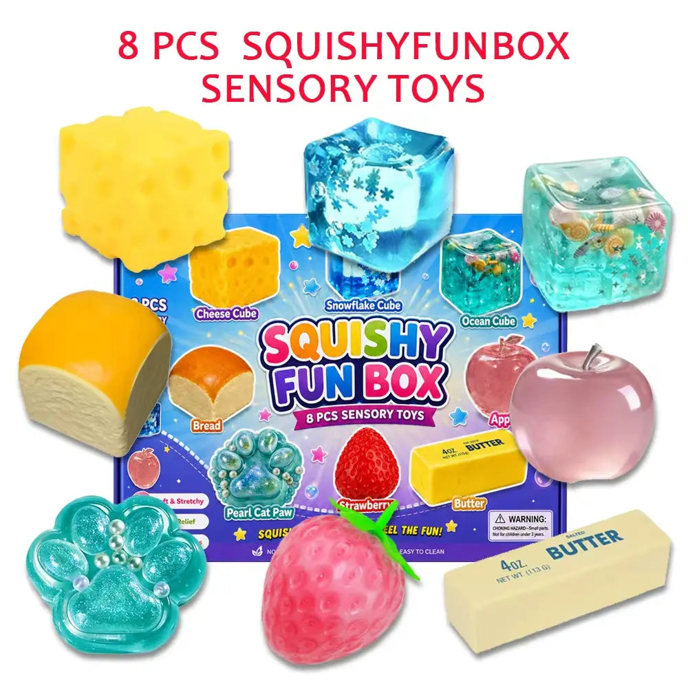 8-Piece Set Mystery Squishy Box:   Blind Box Malt Sugar Stress Relief Fidget Toys, Sensory Bundle